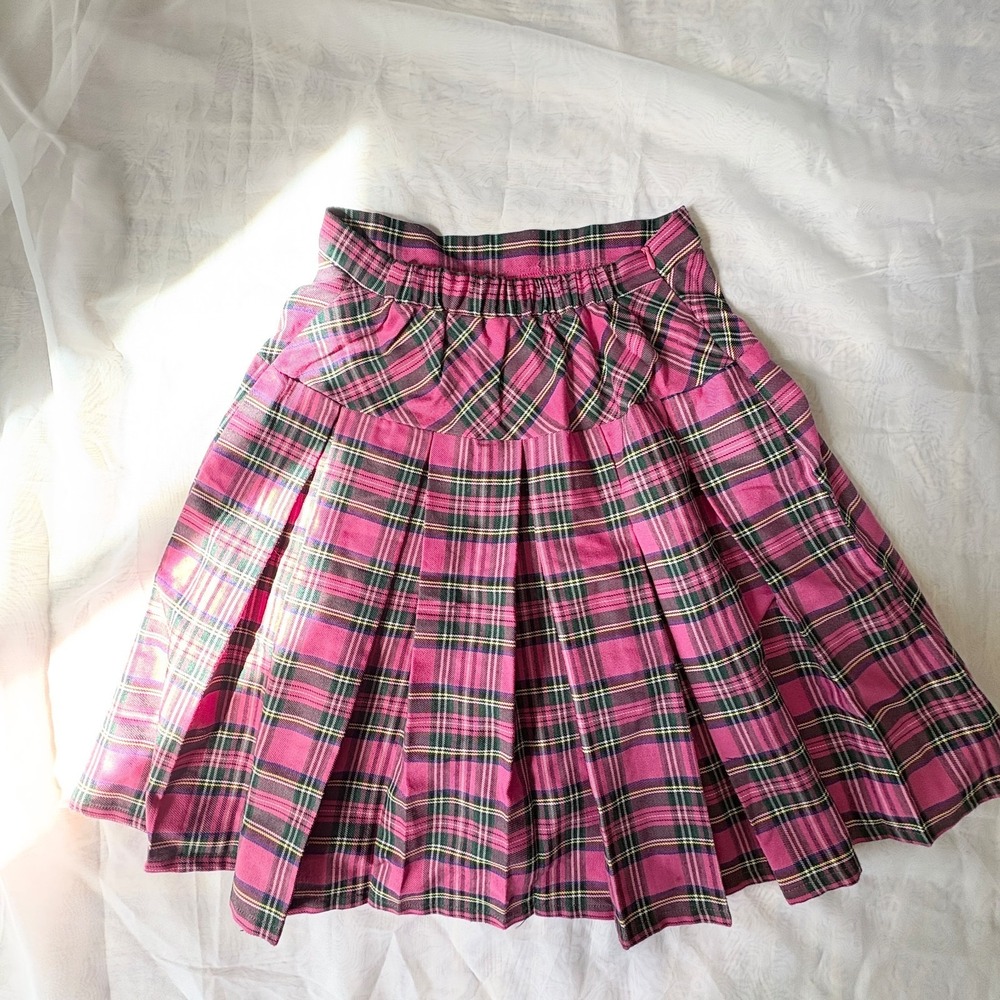 Pink Plaid Pleated Mini Skirt Tartan Side Zip Elastic Back Size 13/14 - Picture 7 of 7
